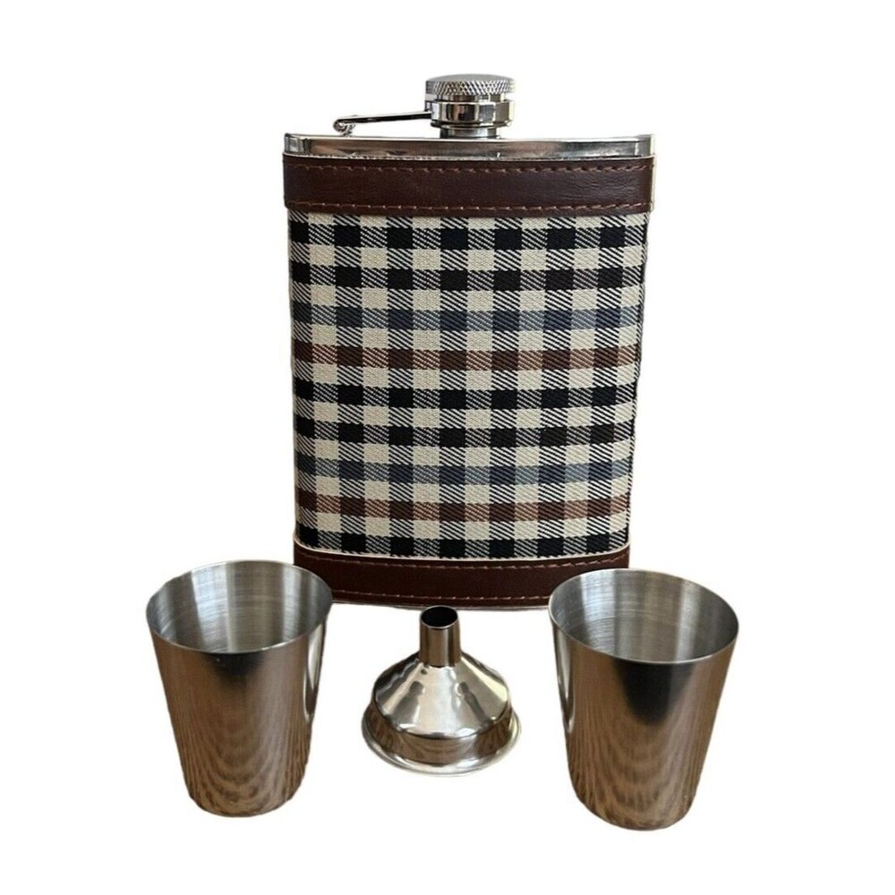 Buxton Classic Flask Set Stainless Steel 8 Oz with 2 Shot Cups Funnel